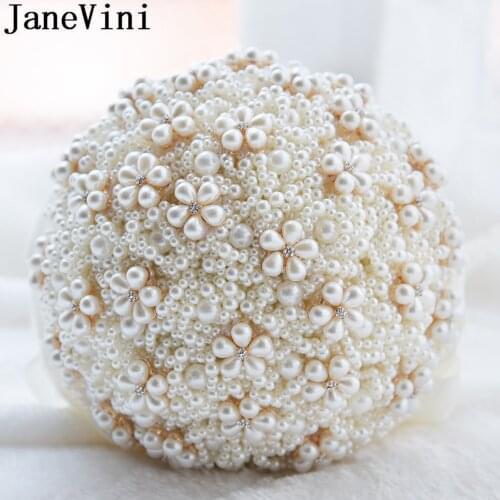 JaneVini Ivory Brides Wedding Bouquet Vintage Beaded Rhinestones Bridal Ribbon Luxury Artificial Bridal Wedding Bunch of Flowers