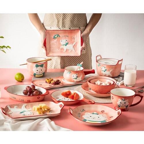 Ceramic Tableware Plate And Dishes Set Japan Style Home Cartoon Cute Cat Children Rice Soup Noodle Bowl Kitchen Breakfast Dish
