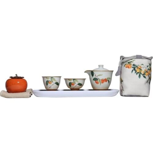 Chinese Style Handmade Coffee Cup Vintage Persimmon Quick Cup One Pot Two Cups Tea Set Cloth Bag Portable Travel Sets