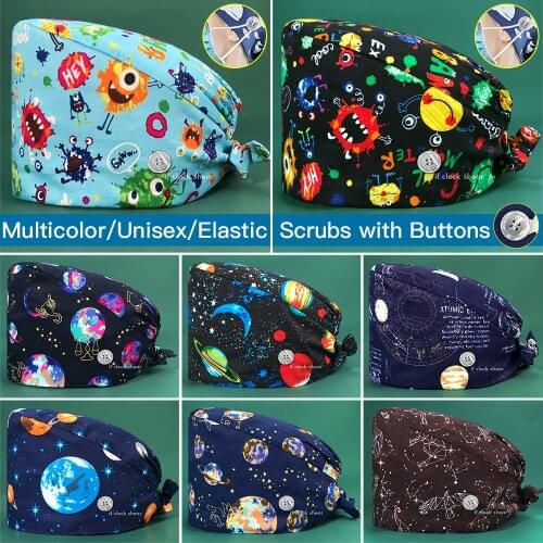 Medical Accessories Adjustable Scrubs Hat Printed Pet Grooming Surgical Caps High Quality Buttons Cotton Dental Clinic Work Hats