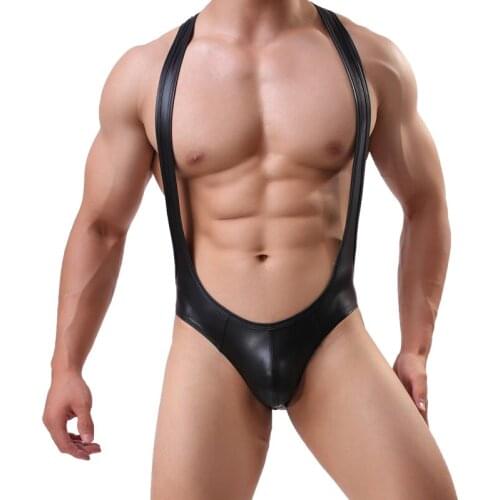 Sexy Lingerie Mens Jockstrap Bodysuit Wrestling Singlet Imitation Leather Men Sexy Body Shaper Bodybuilding Jumpsuit Leotard