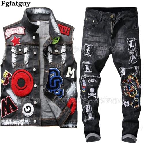 Mens Washed Embroidered Jeans Sets Eagle Head Paint Denim Vest + Tiger Skull Badge Slim Small Feet Stretch Pants Two-Piece Set
