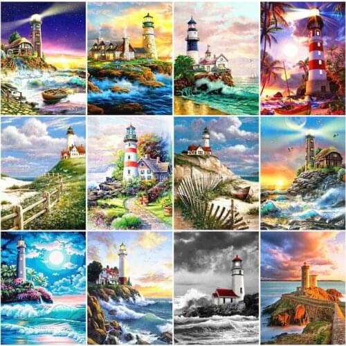 Ocean Landscape Diamond Embroidery Painting Lighthouse Mosaic Stone Sticker Wall Decor New Arrival Puzzle Picture Diamond Dot