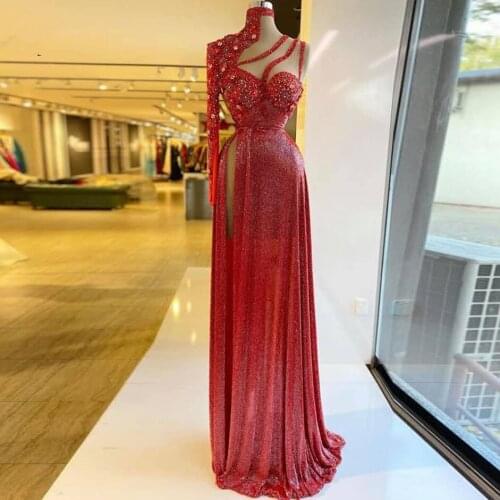 Sexy Red High Side Split Straight Prom Dresses One Shoulder Shiny Crystal Beaded Long Prom Gowns Sequined Floral Formal Dress