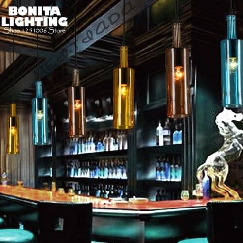 Glass Wine bottle Colorful hanging lamps for dining room Cylinder glass pendant lights Modern indoor Small Lightitng