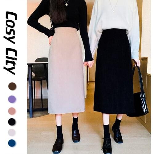 Women Solid Black Corduroy High Waist Long Midi Skirt With Slit 2021 Elegant Skort Korea Korean Fashion Summer Autumn Clothing