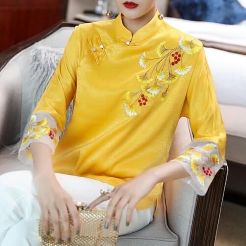 Summer Spring Vintage Womens Femal Embroidered Yellow Chipao Tops Blouse , Women Mandarin Collar Cheongsam Blouses
