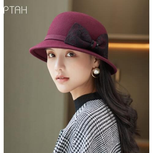 [PTAH] Fedora Hat For Women Wedding Shipping Hats Caps Church 2021 New Autumn Winter Womens Hat 100% Wool Lace Bow High Quality