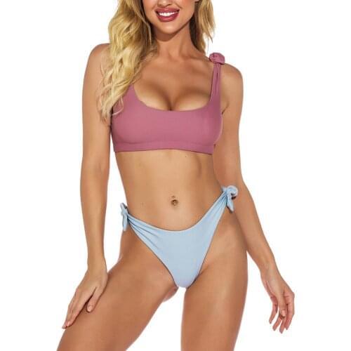 2pcs Women Swimsuits Bikini Set Push-Up Padded Top High Waist Pure Color Bandage Split Thong Swimwear Summer Sexy Beachwear 2021