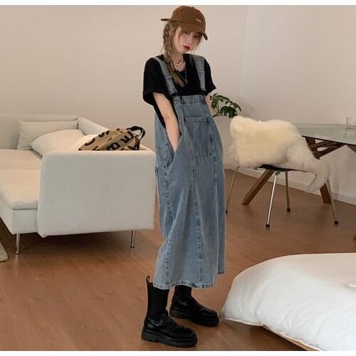 Woman Dress Summer Korean Style Loose and Thin Denim Strap Dress Mid-length Slit Dress
