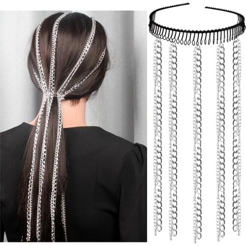 MOGAKU Punk Metal Head Chain Women Headwear Long Tassel Hairbands Fashion Rock Nightclub Jewelry for Ladies Hair Accessories