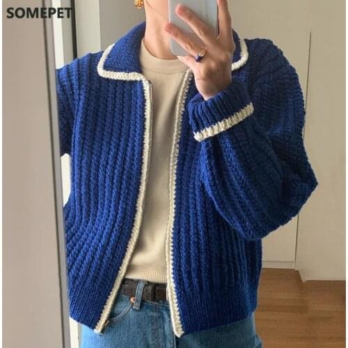 2021 Spring Women New Jumper Loose Turn Down Collar Versatile Long Sleeve Blue Panelled Top Knitted Cardigan Sweater