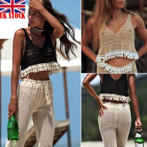 Womens Crochet Lace Loose Pullover T-Shirts Sleeveless Crop Top Shirt Blouse UK hollow out Patchwork Tassel