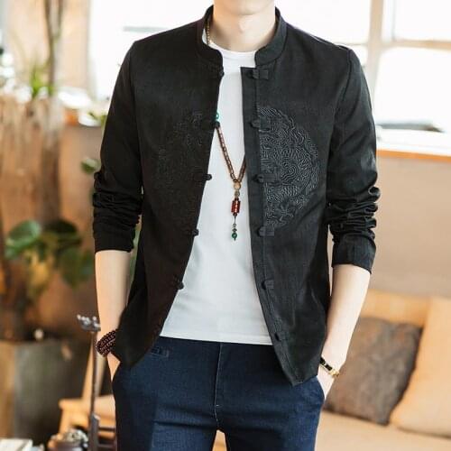 2021 New Chinese Style Mens Tops Tang Suit Cotton Linen Long Sleeve Solid Traditional Kung Fu China Style Hanfu Shirt 30051