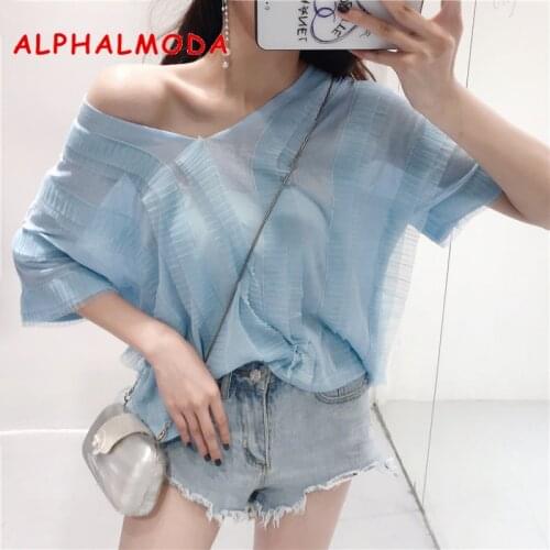 ALPHALMODA Summer Thin Perspective Knitted Loose Tshirts Pleated Lace Patchwork Pullovers Women Casual Knit Sweet Blouses