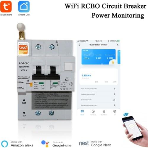 Tuya Smart Life APP RCBO Circuit Breaker with Power Monitoring 2P WiFi RCBO MCB Leakage Current Short Circuit Protection Alexa