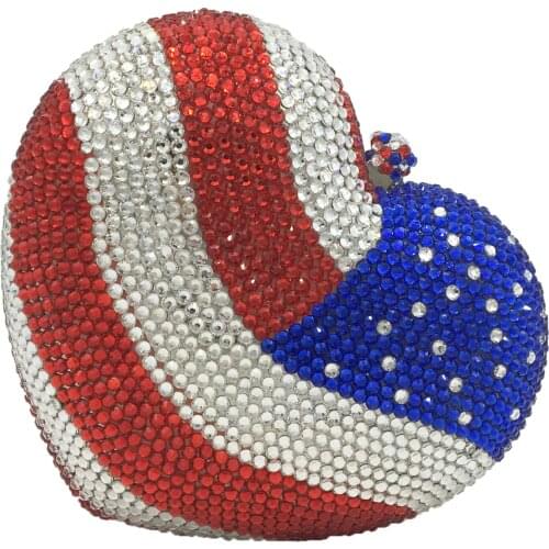 Boutique De FGG American National Flag Mini Heart Clutch Women Crystal Evening Purse Party Dinner Rhinestone Handbag and Purse