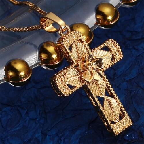 Gold Color Flower Leaf Cross Pendant Necklace Eterner Trendy Flower Cross Chain Jewelry