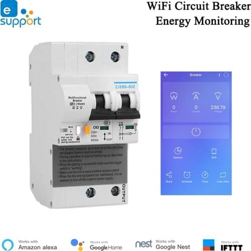 EWelink 2P WiFi Circuit Breaker Energy Monitoring Meter Smart Breaker Alexa Google Home Compatible Lan Control IFTTT Smart Home