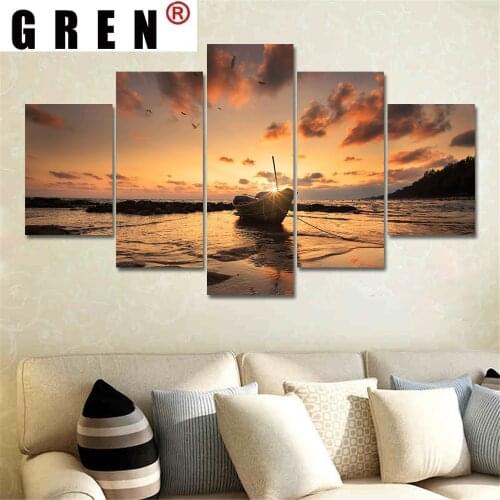 GREN Modern 5 Panels Style Sunset Boat Sea Printed Canvas Painting Posters And Prints Wall Art Pictures Living dorm Room Decor