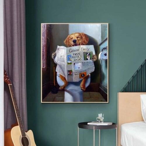 Funny Animal Smile Dog Read Newspaper Oil Painting On Canvas Wall Art Poster And Prints Picture For Bathroom Toilet Decoration