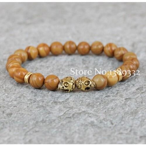 Kejialai New Gem Beads Bracelets Wood Grain Stone Bead Silver Color Skull Bracelets Yoga Bracelets For Men And Women Gift M-L403