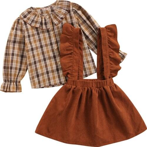2-6 Years Plaid Set 2 Pieces Kids Suit Set, Plaid Peter Pan Collar Long Sleeve Shirt+ Solid Color Suspender Skirt for Toddler
