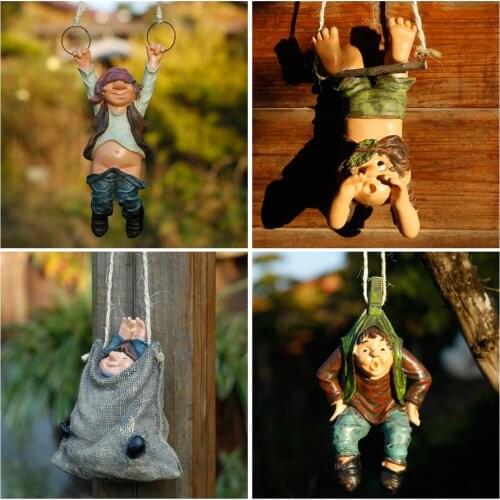 Creative Cute Naughty Boys Hang Resin Ornaments Statue Garden Hang On Tree Decorative Pendant Indoor Outdoor Decor Ornament