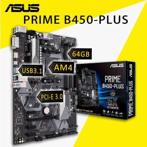 Socket AM4 Asus PRIME B450-PLUS Motherboard DDR4 AMD Ryzen PCI-E 3.0 DVI 64GB AMD B450 Placa-mãe AM4 HIFI DVI B450 Placa-mãe New