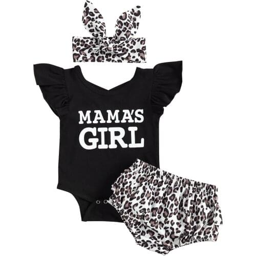 Fashion Infant Baby Girl Clothing Summer Outfits 3Pieces Letter Ruffle Fly Sleeve Bodysuit+Leopard Shorts+Headband Sets 0-18M