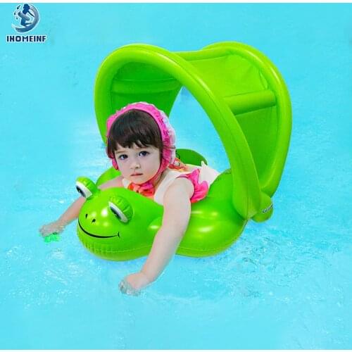 Cartoon Frog Buoy with Awning Relaxing Baby Inflatable Swimming Circle Ring Pool Float for Kids Bathing Accessories dropshipping