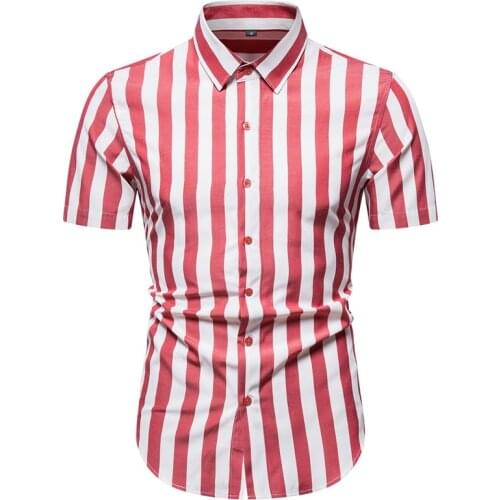 Men Summer Shirts Short Sleeve Stripe Shirt Fashion Formal Casual Business Party Office Work Daily Life Blue Black Red EU Size