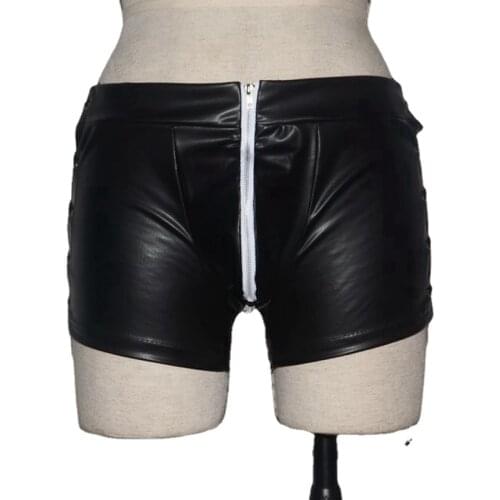 Men Lingerie Faux Leather Drawstring Panties with Zipper Open Pouch Boxer Shorts Gay Sexy Underwear for Mens Male Night Clubwear