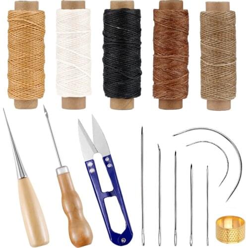 LMDZ 16 Pcs Leather Craft Sewing Kit with Leather Sewing Needles Awl Yarn Cutter Wax Thread for DIY Leather Repair Sewing