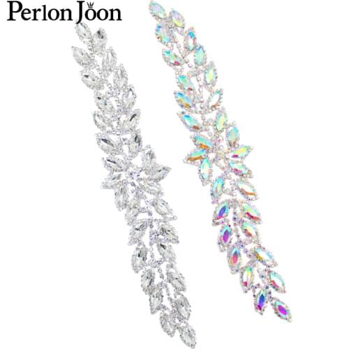 1pcs Ab rhinestone leaves patch Crystal long applique plating sliver sew on Wedding dress decoration accessories YH C035