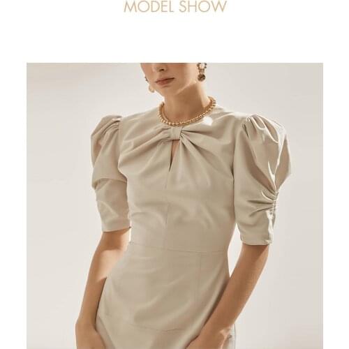 Dresses Summer 2021 New Round Neck Pleated Puff Sleeves Scheming Hollow and Thin Mid-length Retro Dress Dress Dress