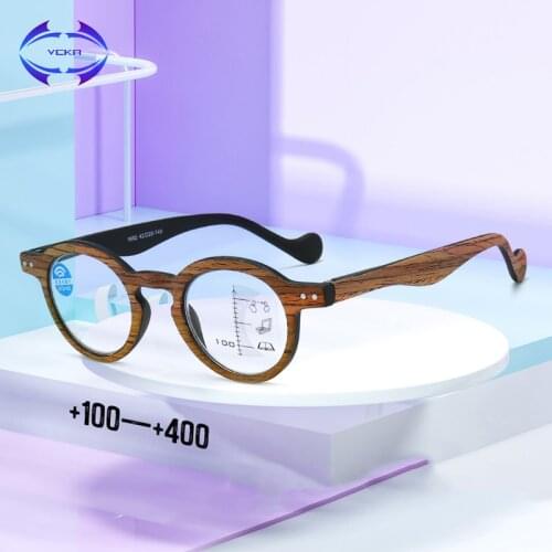 VCKA Progressive multifocal Men Women Frameless Reading Glasses Anti-blue light Round Eyewear Wood grain Frame +1.00 to +3.50