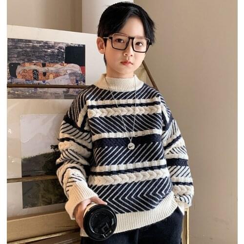 Autumn Winter Children Striped Casual Sweater Kids Boys Fashion Turtleneck Knitted Tops Teens Long Sleeve Thick Warm Pullover