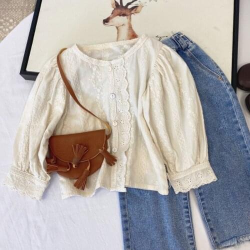 2021 Autumn New Solid Color Childrens Shirt Girls Long Sleeve Shirt Childrens Lace Flower Edge Top