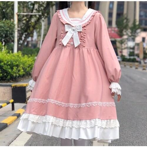 Japanese Harajuku Sailor Collar Op Lolita Dress Soft Sister Style High Waist Full Sleeve Dress For Children Kawaii Ruffles Dress