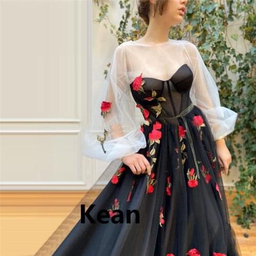 Black White Evening Dress Illusion 3D Lace Puff Sleeve Islamic Dubai Saudi Arabic Evening Gown Prom Dress Boho vestidos de festa