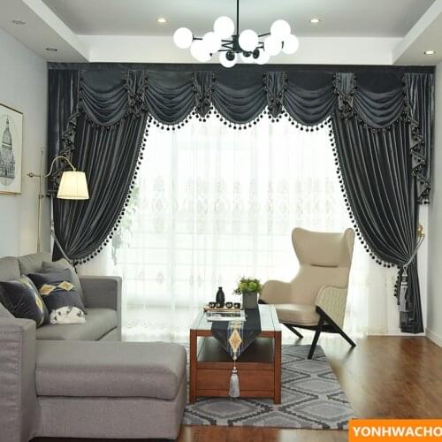 Custom curtains luxury European modern Iron gray thick Italian velvet cloth blackout curtain tulle valance drapes N941