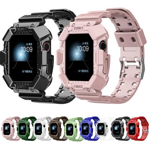 Silicone Band with Rugged Case for Apple Watch Series SE 6 5 4 3 2 strap for iWatch 38/42/40/44mm Strap and Screen Protect Cover