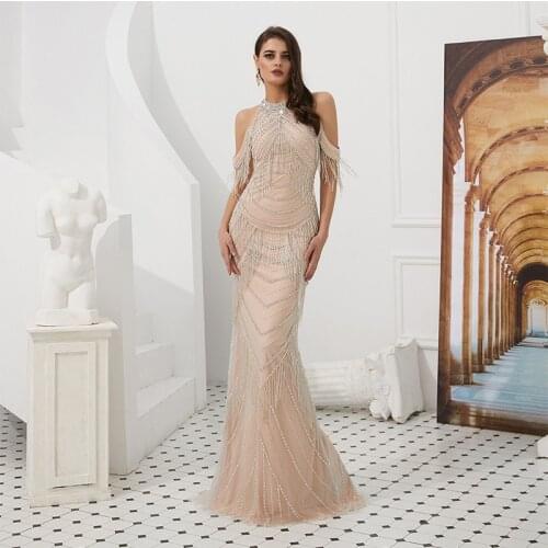 Luxury Crystal Diamonds Halter Prom Dresses Tassel Dubai Lebanon Dresses Abendkleider Bridal Sexy Mermaid Formal Evening Gowns