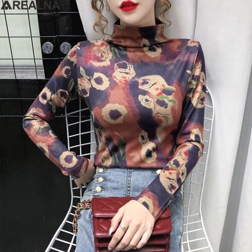 Turtleneck Floral print T Shirt Women Tops Long Sleeve Autumn winter femme t-shirts Pullover sexy t shirt women mujer camisetas