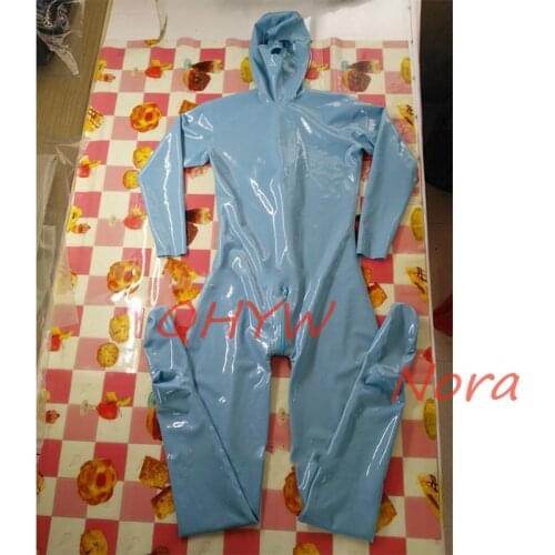 Sexy Men Full Body Latex Fetish Catsuit Rubber Hood Socks with Back Crotch Zipper with Hood Socks