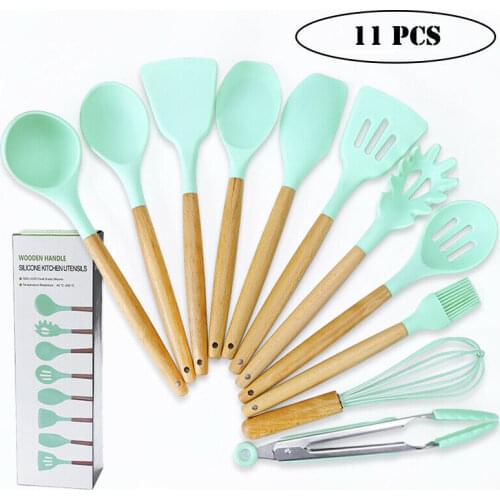 11PCS Wooden Handle Silica Gel Kitchenware Silicone Non-stick Pan Shovel Spoon Set Cookware Cooking Tool With Box Spatula