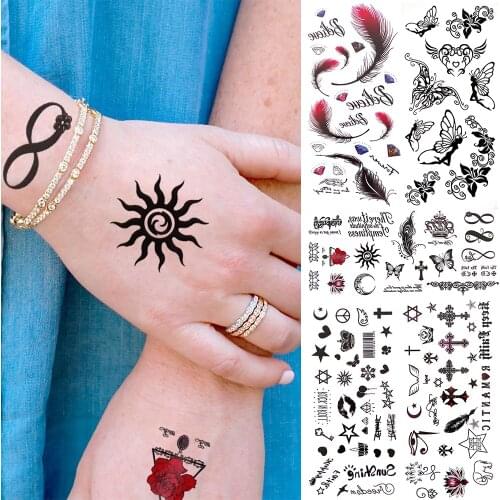 Funny Small Infinity Temporary Tattoos For Kids Children Women Men Elf Black Tattoo Sticker Feather Fake Face Lips Tatoos Lovely