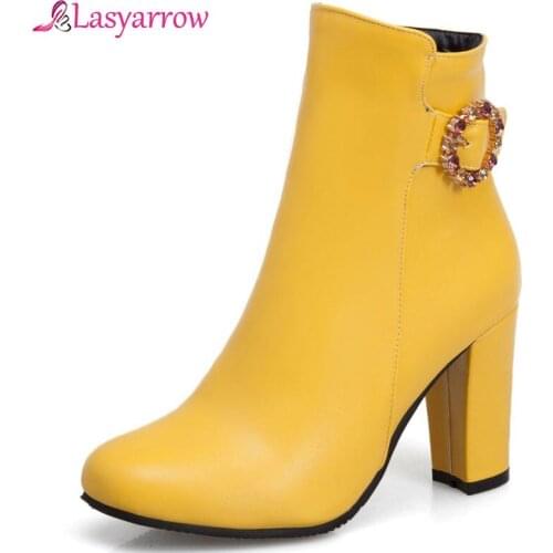 Lasyarrow Womens Ankle Boots High Heels Boots Zipper Round Toe Winter Ladies Boots White yellow Black Boots Woman 2019 New Shoes