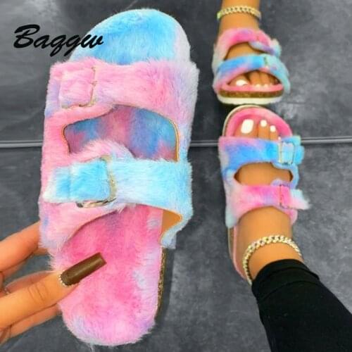 Winter Slippers Furry Slides for Women Fashion Warm Shoes Slip on Flats Female Slides Rainbow Colors Cozy Home Furry Slippers